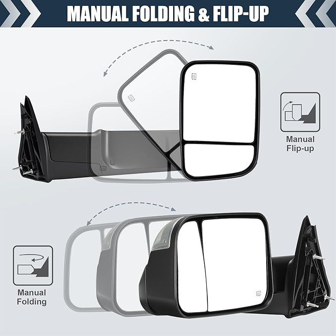 Tow Mirrors Compatible with 2009-2018 Dodge Ram 1500, 2010-2018 2500 3500, Flip Up Extended Trailer Towing Side Mirrors with Turn Signal, Power Heated, Black