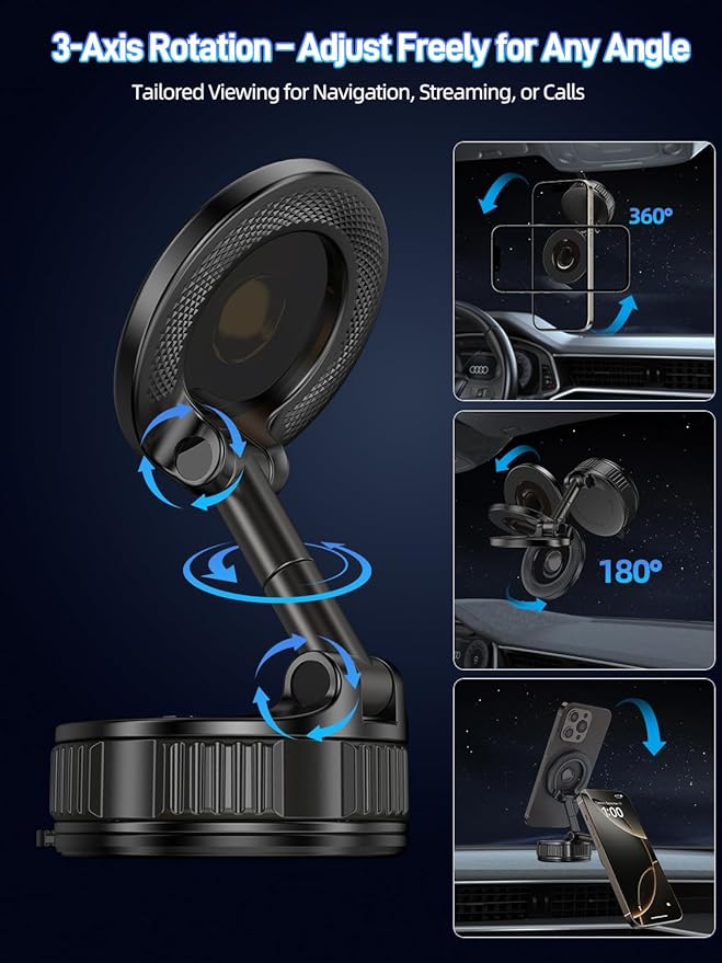 Light Face Nano Gel Vacuum Magnetic Phone Holder, 360° Adjustable Dashboard Hands-Free Suction Cup Phone Mount for Car/Gym/Mirror/Smooth Surface, Compatible with iPhone and Android (Black)