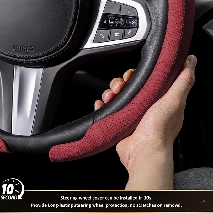 Aimato Nappa Leather Steering Wheel Cover, Ultra-Thin Car Steering Wheel Cover,Comfortable & Breathable Microfiber,Universal Fit for Most Cars,Wine Red