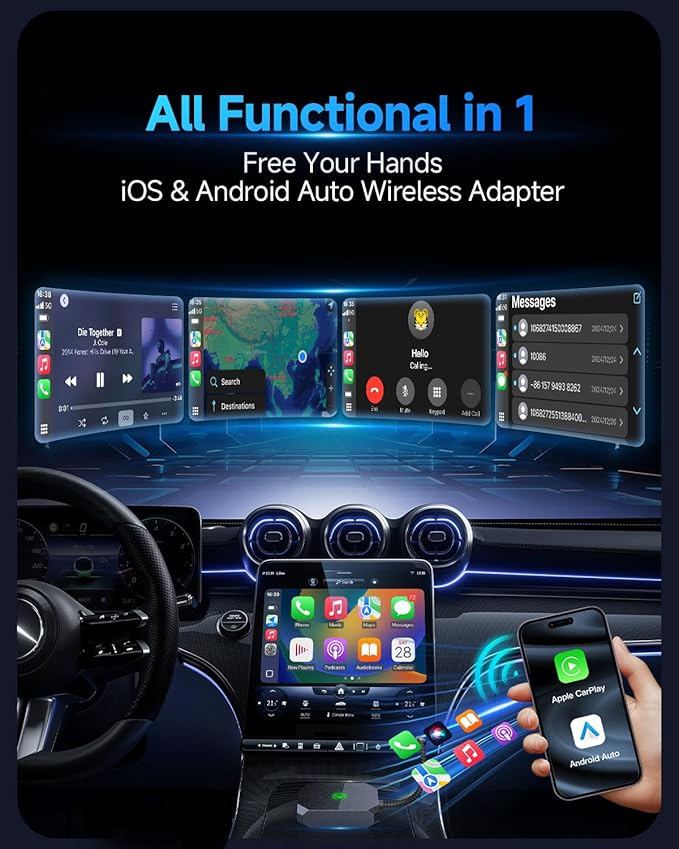2 in 1 Wireless Carplay Adapter for iPhone Apple & Android Auto Wireless Adapter, [0 Delay & Stable Transmission] 5.8GHz Dual-Core Smart Chip Plug & Play Phone for iOS 10+/Android 11+ 2025 Black