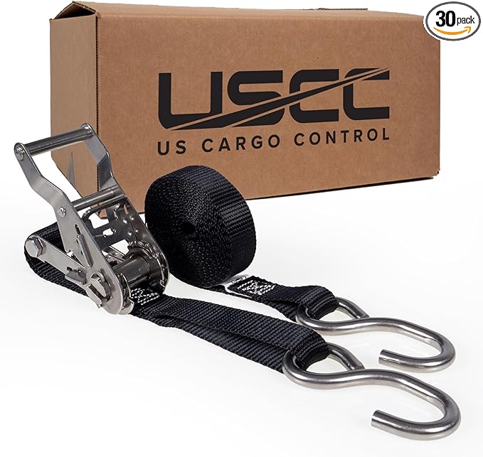 US Cargo Control Stainless Steel Ratchet Straps with S-Hooks 1" X 10' (30-Pack), 765 LBS Break Strength, Marine Tie Down Straps for Boats, ATVs, Trees, Camping, Snow, Saltwater Applications