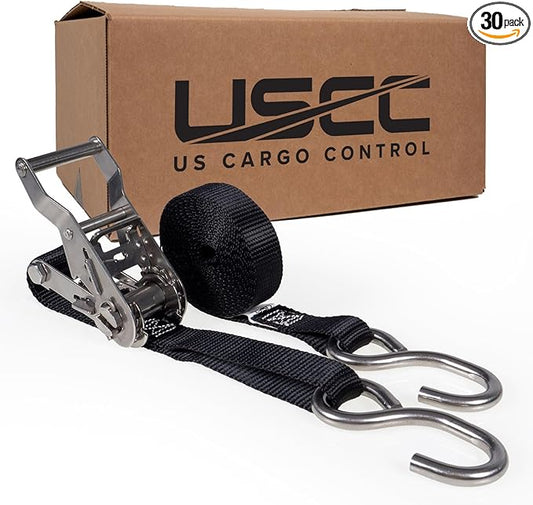 US Cargo Control Stainless Steel Ratchet Straps with S-Hooks 1" X 10' (30-Pack), 765 LBS Break Strength, Marine Tie Down Straps for Boats, ATVs, Trees, Camping, Snow, Saltwater Applications