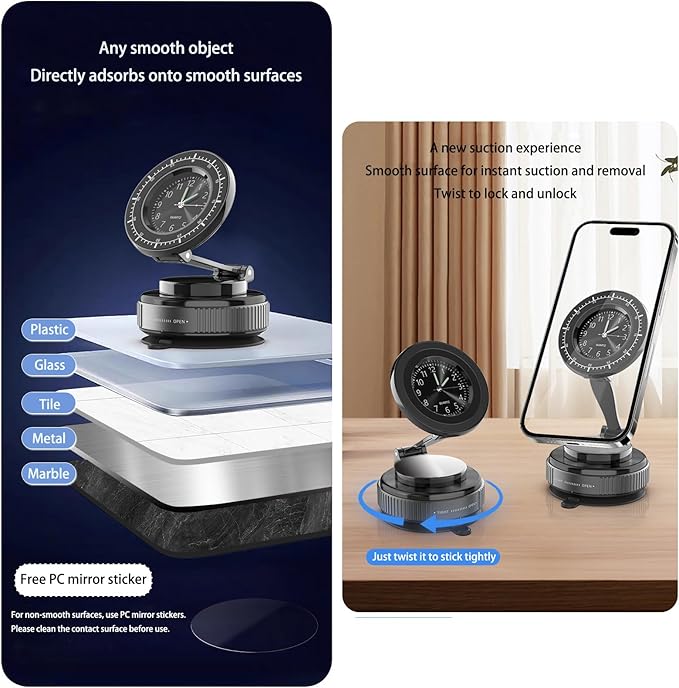 Magnetic Car Phone Holder for iPhone Magsafe, 360°Foldable Suction Cup Phone Mount, Stand for Desk with Clock Compatible with All Smartphones