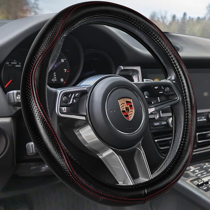 HAOKAY Top Grade Black Genuine Leather Steering Wheel Cover Men Women, Luxury Steering Wheel Cover for Cars, SUVS and Trucks, Universal 14.5-15 inch