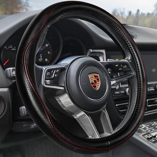 HAOKAY Top Grade Black Genuine Leather Steering Wheel Cover Men Women, Luxury Steering Wheel Cover for Cars, SUVS and Trucks, Universal 14.5-15 inch