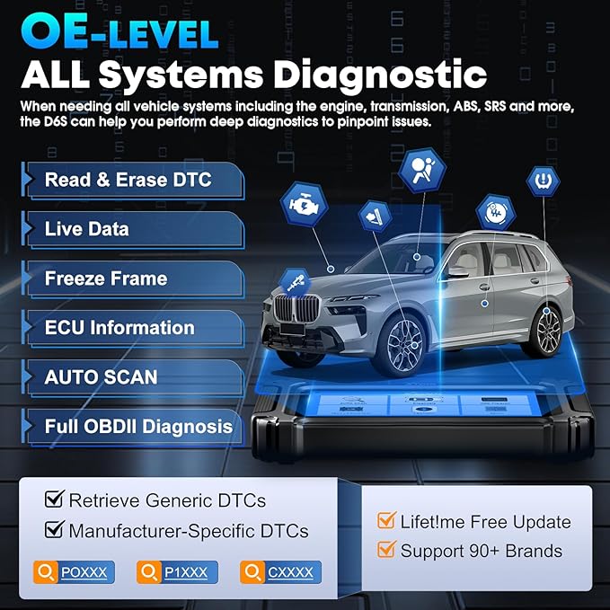 XTOOL D6 OBD2 Scanner, 2025 Full System Diagnostic Scan Tool, Free Update, 15 Services, Crank Sensor Relearn, Throttle Relearn, Oil Reset, ABS Bleed, FCA & CAN FD