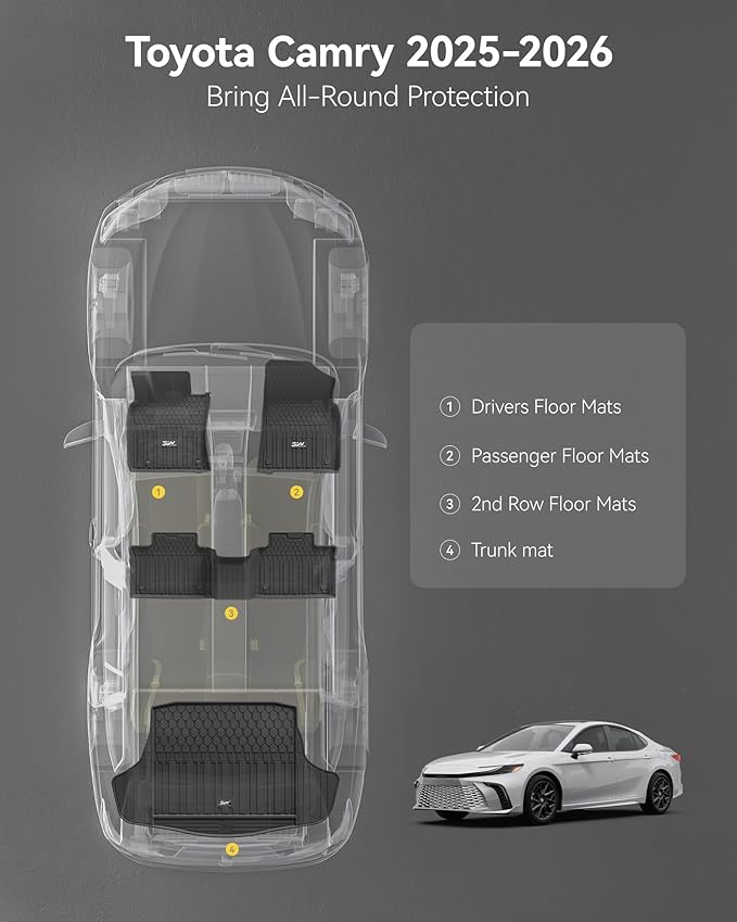 3W Floor Mats & Cargo Liner for Toyota Camry 2025 2026, TPE All Weather Custom Fit Camry(Hybrid/LE/SE/XLE/XSE), 1st & 2nd Row and Trunk Mat, Black