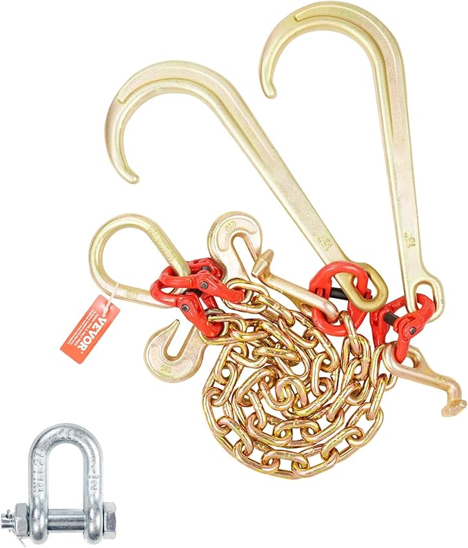 VEVOR G80 V Bridle Chain, 3/8" x 2' Towing Chain Bridle with 15" J Hooks, T Hooks & Grab Hooks, Heavy Duty Transport Tow Chain Bridle with 7800 lbs Safe Working Load for Flatbed Truck Wrecker Recovery
