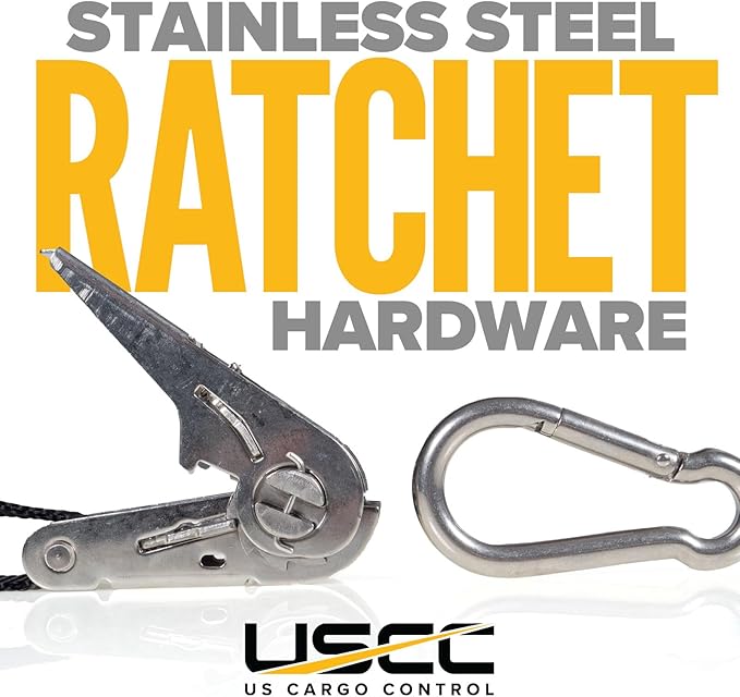 US Cargo Control Stainless Steel Ratchet Straps with Carabiner Hooks 1" X 10' (40-Pack), 500 LBS Break Strength, Marine Tie Down Straps for Boats, ATVs, Trees, Camping, Snow, Saltwater Applications