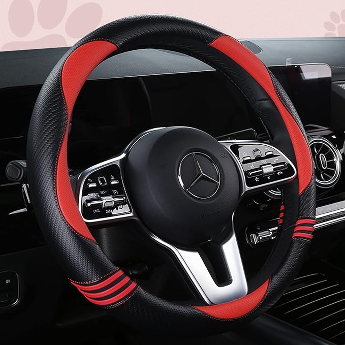 Car Steering Wheel Covers for Women Girl Padded Carbon Fiber PU Leather Cute Cartoon Auto Interior Accessories for Jeep, Truck, Universal, Anti Slip, Red, Large Size 15.5-16"(39-41cm)