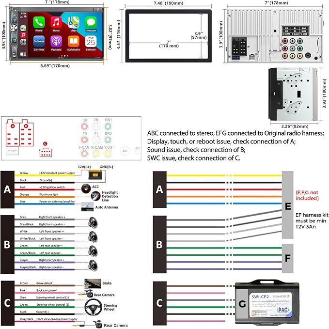 7" Double Din Car Stereo with Wireless Apple CarPlay & Android Auto, QLED Touchscreen, Bluetooth, Backup Camera, 4.2-CHN Audio, 2 Subwoofer Outputs, AM/FM Car Radio