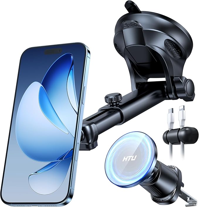 HTU for MagSafe Car Phone Mount Magnetic Car Phone Holder for Windshield Vent Dashboard Magnetic Suction Phone Mount for iPhone 17/16/15/14/13/12 & Android (Silver Gray)