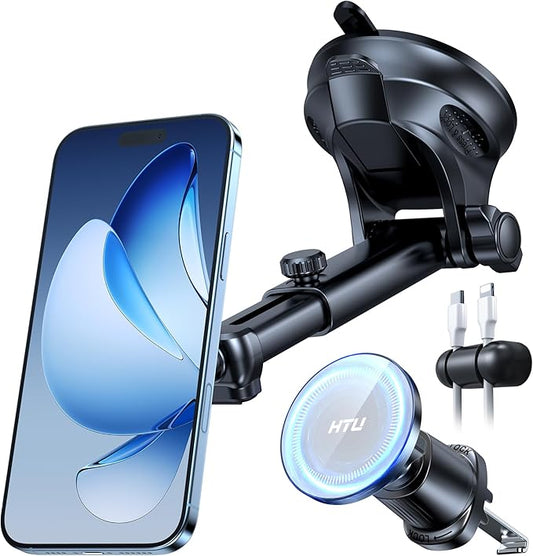 HTU for MagSafe Car Phone Mount Magnetic Car Phone Holder for Windshield Vent Dashboard Magnetic Suction Phone Mount for iPhone 17/16/15/14/13/12 & Android (Silver Gray)