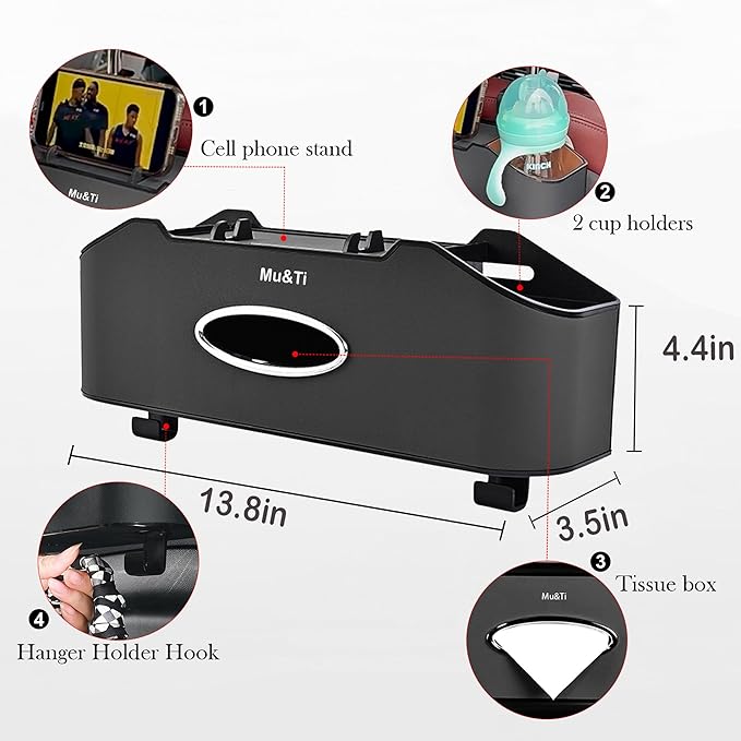 Mu&Ti Back Seat Car Organizer, Multifunctional Car Seat Back Storage Box with 2 Cup Holders, Tissue Box and Hook - Ideal for Kids and Travel (Black)