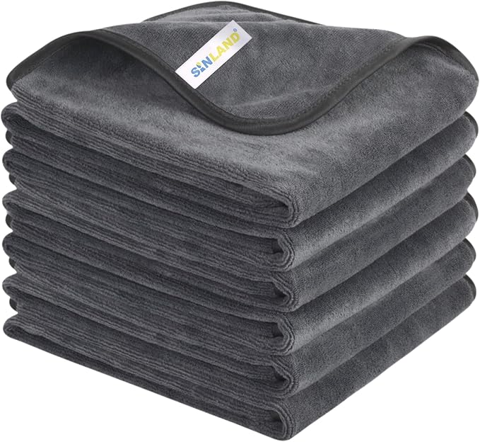 SINLAND Microfiber Car Drying Towels Ultra Absorbent,No Streaks,Scratches, or Water Spots,Wash Cleaning Auto Detailing Towels 400gsm 16inch x 24inch 6Pack Grey