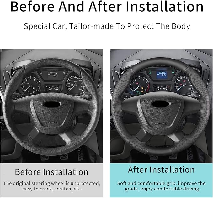 Hand Sewn Steering Wheel Cover,Fit for Ford 2014 Transit Connect Wagon/2013 Transit Custom/2012 Tourneo Custom Concept,Non-Slip Breathable Microfiber Leather Steering Wheel Cover on Wrap DIY