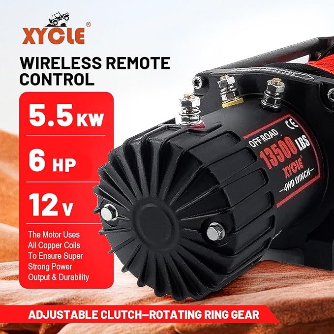 Winch13500lbs 12V Waterproof Electric Winch Synthetic Rope Electric Winch Towing Winch Boat Trailer Winch SUV 4-Wheel Drive Off-Road Vehicle with Remote Control 3/8 Synthetic Rope (Red)