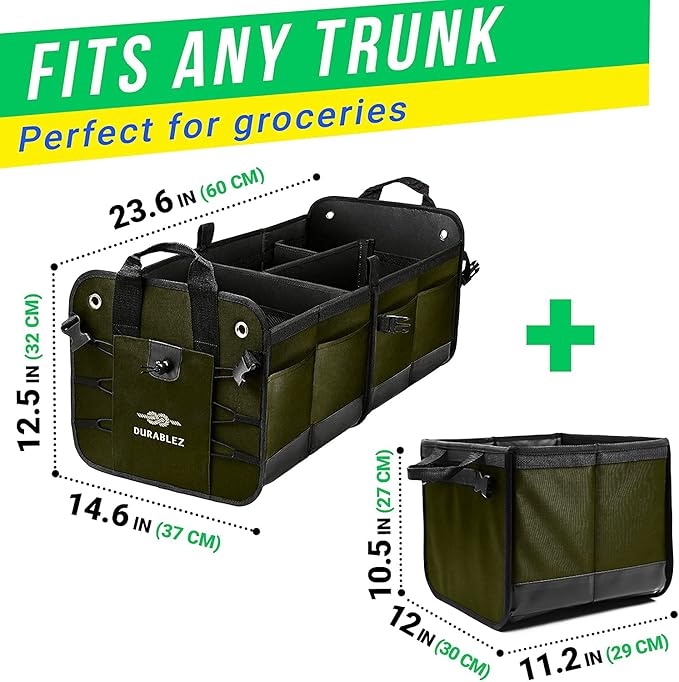 Large Car Trunk Organizer for SUV - Trunk Storage - Modular Configurable Detachable Collapsible - Minivan Truck Sedan Van - 3 Compartment XL, Green