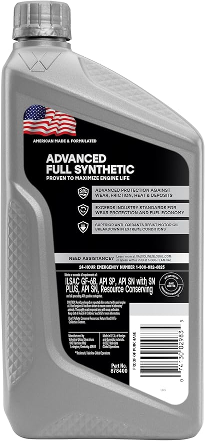 Valvoline Advanced Full Synthetic SAE 0W-16 Motor Oil 1 QT, Case of 6