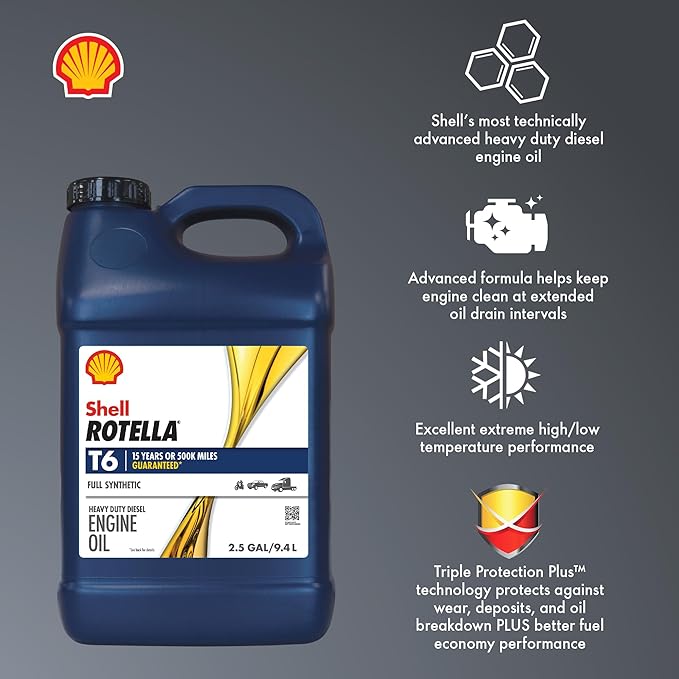 Shell Rotella T6 Full Synthetic 5W-40 Diesel Engine Oil, 2.5 Gallon