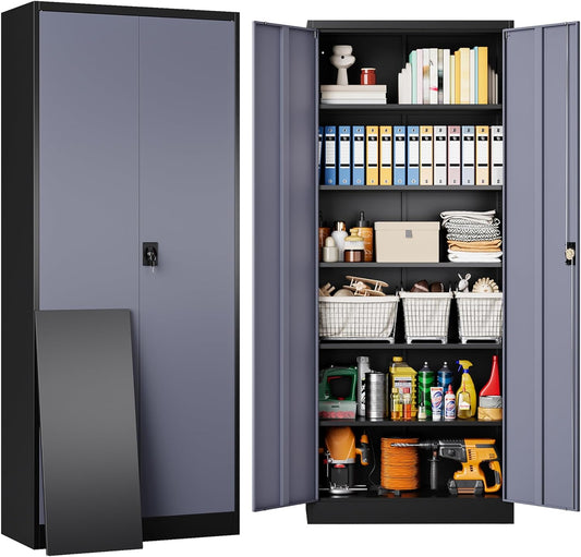 SISESOL Metal Storage Cabinet with 2 Doors and 6 Shelves,Gray Metal Cabinet with Lock,71" Lockable Garage Storage Cabinets,Locking Steel Cabinets for Home,Office,Garage,School