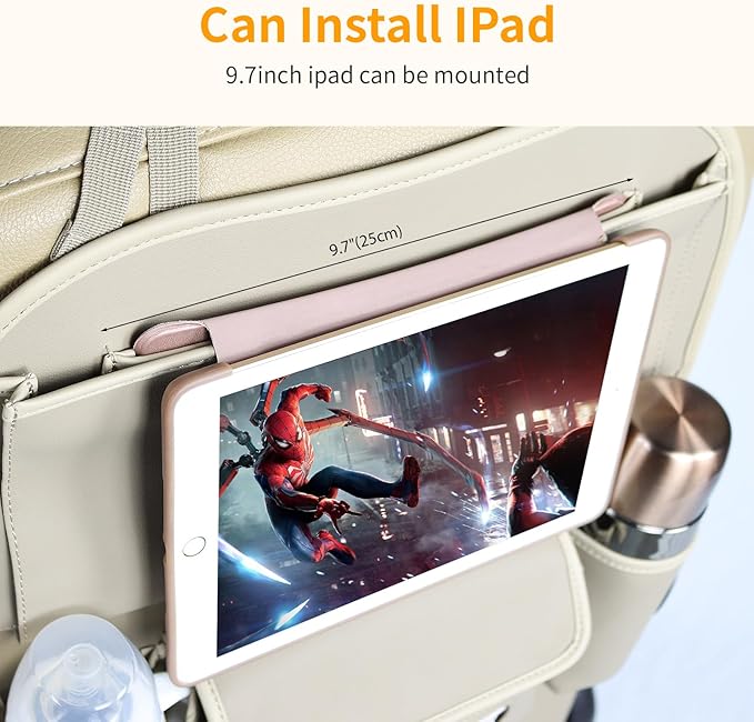 Car Seat Organizers Waterproof Backseat Protector with Storage Pocket Large Leather Kick Mats for Kids Pets Automobile SUV Truck (Beige, Large Pocket)