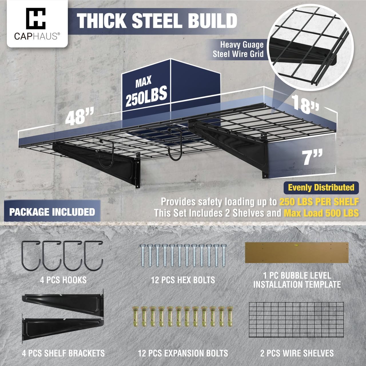 CAPHAUS Garage Wall Shelving, 48 in. W x 18 in. D Wall Mounted Garage Shelves w/ 2 Bike Hooks, Heavy Duty Organizer Shelf for Garage Storage System, Black or White