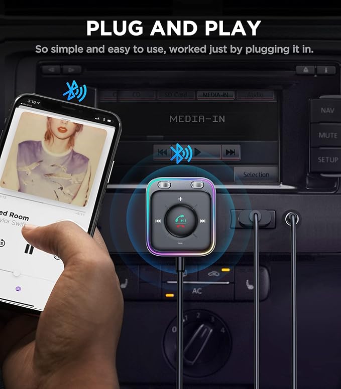 JOYROOM Bluetooth 5.4 AUX Car Adapter[2025 Upgrade] [Stronger Dual Mics& Noise Cancellation] [Multifunction Button& Plug-and-Play] Bluetooth Receiver for Car Music/Hands-Free Calls/Stereo Audio, Black