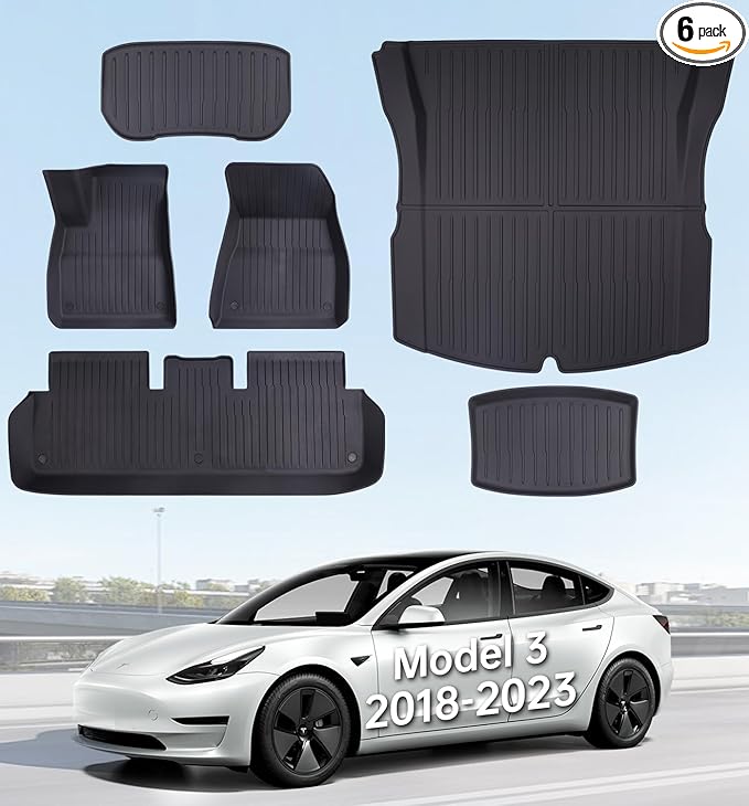 Floor Mats for Model 3 2023-2018 - Full Set All Weather TPE Front, Rear, Cargo & Sub-Trunk Mats, 6-Piece Custom Fit