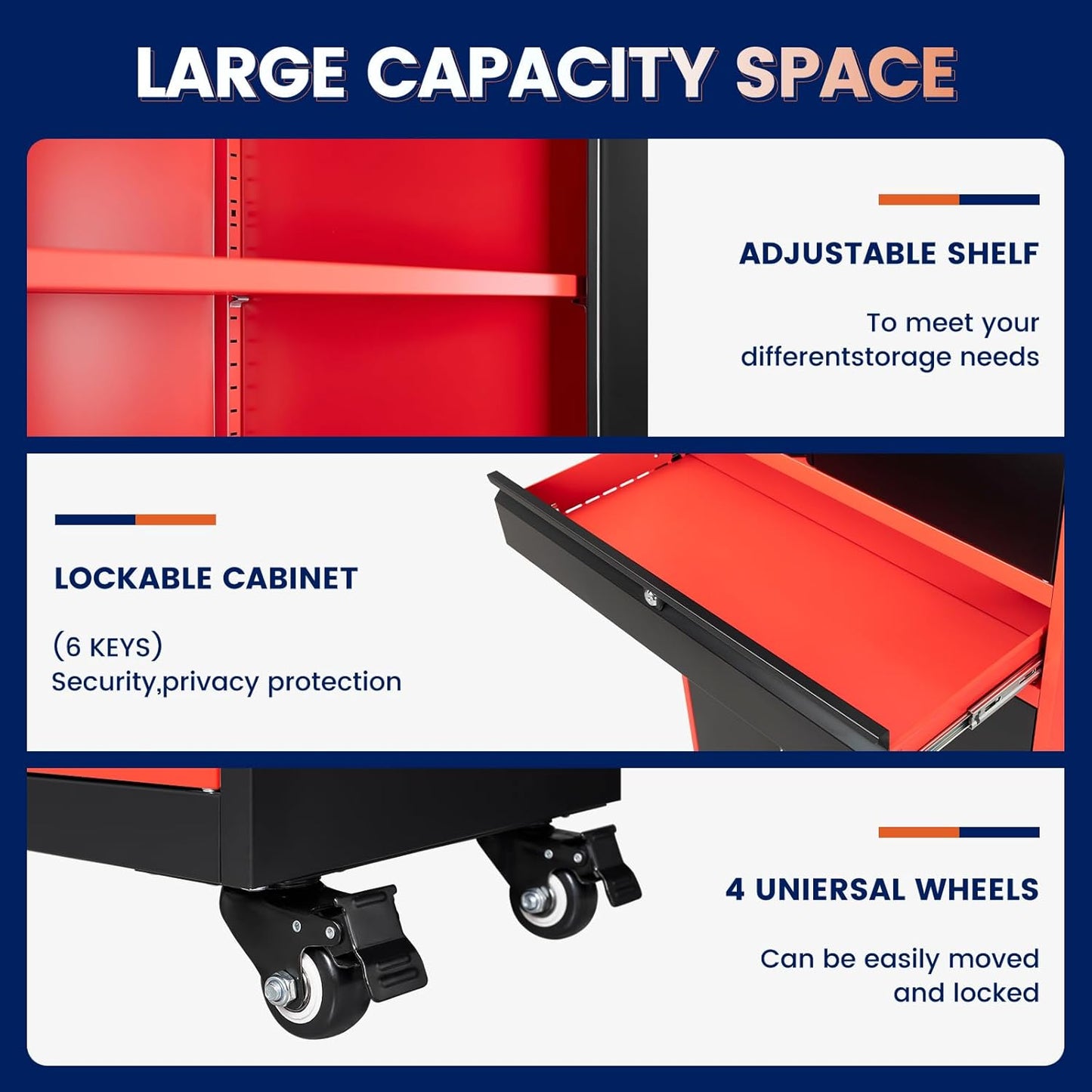 Yizosh Metal Garage Storage Cabinet with Locking Doors and Adjustable Shelves,- 73" Rolling Tool Storage Cabinet with 4 Wheels and 1 Drawer for Garage,Warehouse (Red Black)