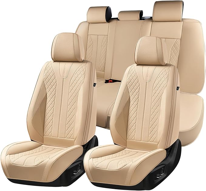FLORICH Leather Seat Covers, Car Seat Cover Full Set Automotive Seat Covers Waterproof Car Seat Protectors 5 Seats Universal Seat Cover Fit for Most Cars SUV Trucks, Beige