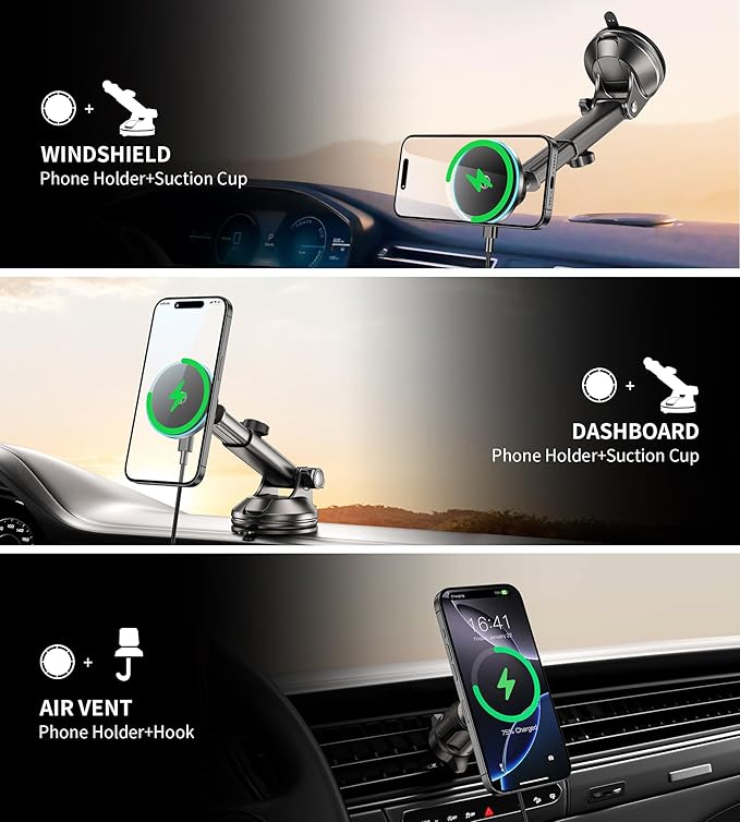 for Mag-Safe Car Mount Charger Dash Vent Windshield Wireless Car Charger with LED Light, Strong Magnetic Phone Holder for Car for iPhone 17 16 15 14 13 12 Series(Cyan)