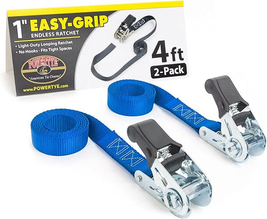 PowerTye - Endless Ratchet Strap - 1in x 4ft Easy Grip (Hookless), Tie Down Strap w/ 400 lb. Working Load Limit / 1,200 lb. Break Strength, Ideal for Motorcycle, Truck Beds, & Cargos, Blue 2-Pack