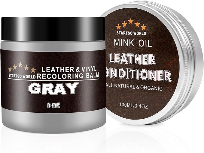 STARTSO WORLD 200Ml Leather Recoloring Balm with 100ML Leather Conditioner, Gray Leather Repair Kit for Furniture, Leather Dye, Leather Scratch Repair, Leather Couch Paint