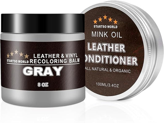 STARTSO WORLD 200Ml Leather Recoloring Balm with 100ML Leather Conditioner, Gray Leather Repair Kit for Furniture, Leather Dye, Leather Scratch Repair, Leather Couch Paint