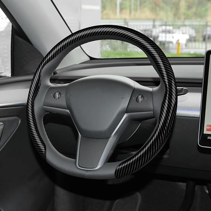 frani Leather Steering Wheel Cover, Universal 15 Inch Premium Non-Slip Steering Wheel Cover Black Carbon Fiber Texture