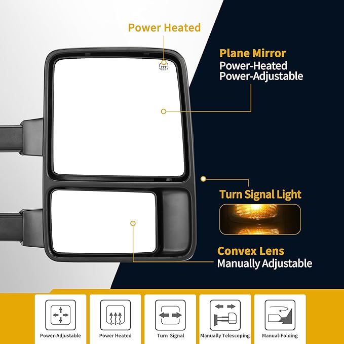 DWVO Towing Mirrors for 1999-2007 Ford F-250 F-350 F-450 F-550 Super Duty Trucks | LED Turn Signal Power Adjustable Heated Telescoping Chrome Finish