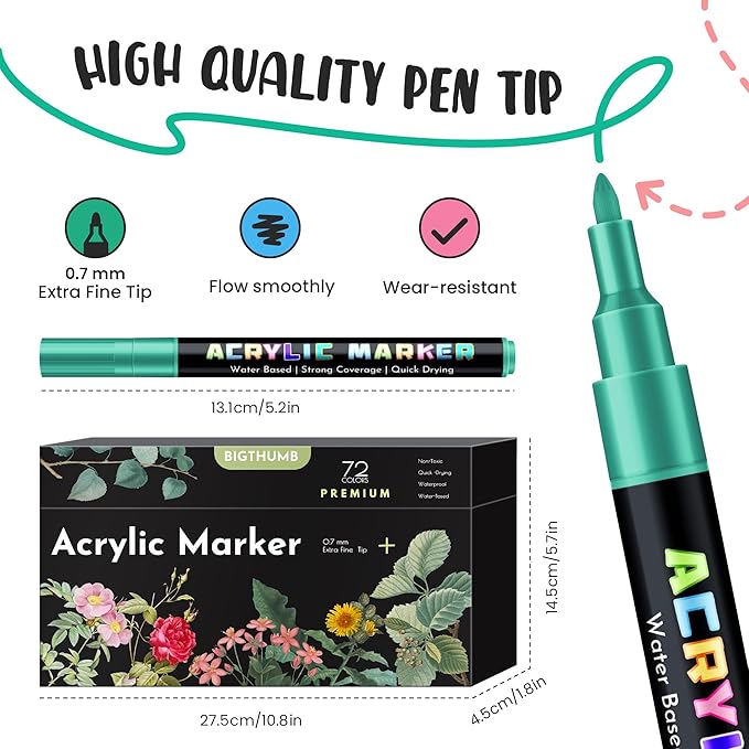 72 Colors Acrylic Paint Pens Markers, Extra Fine Tip Acrylic Paint Markers for Rock Painting, Ceramic, Wood, Plastic, Canvas, Glass, Card Making, DIY Crafts & Art Supplies