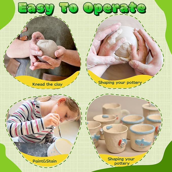 Skirfy Mini Pottery Wheel Kit for Beginners Kids,Electric Ceramic Wheel with Foot Pedal&Painting Kit, Adjustable Speed,Clay Spinner DIY Tools for Art Craft Birthday (Green Dinosaur)