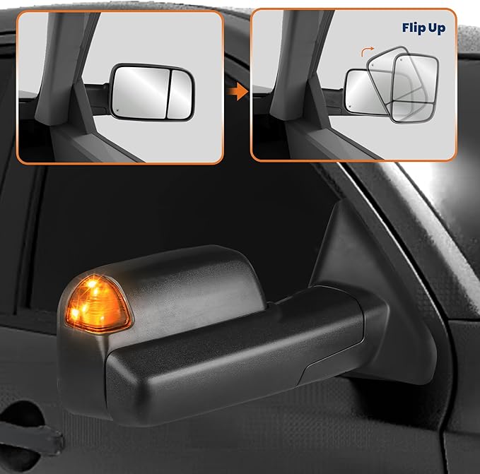 Pair Black Power Heated Towing Mirrors Compatible for 2002-2008 Dodge Ram 1500/2003-2009 Ram 2500 3500 w/White DRL, Led Turn Light