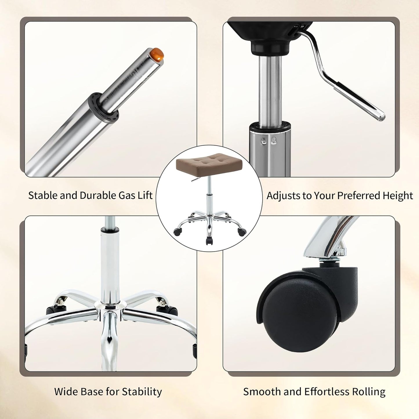 Vanity Stool with Wheels (Adjustable Height 17-21 inch) (300lbs Capacity) Faux Leather Nail Tattoo Vanity Massage Stool (Coffee Brown)