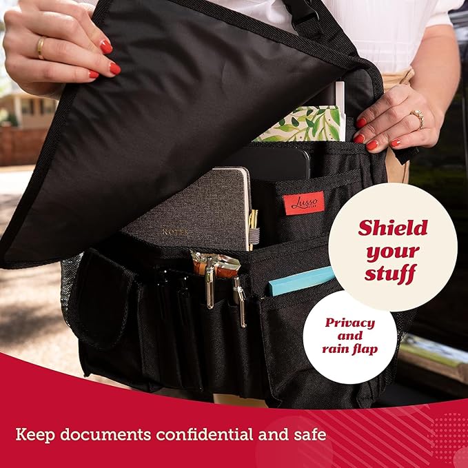 Lusso Gear Headrest Carseat Organizer - Black Oxford - Hanging Mount Travel Car Caddy Organizer Hangs on Seat, Document & Laptop Holder With Reinforced Corners - Fits Trucks & SUVs