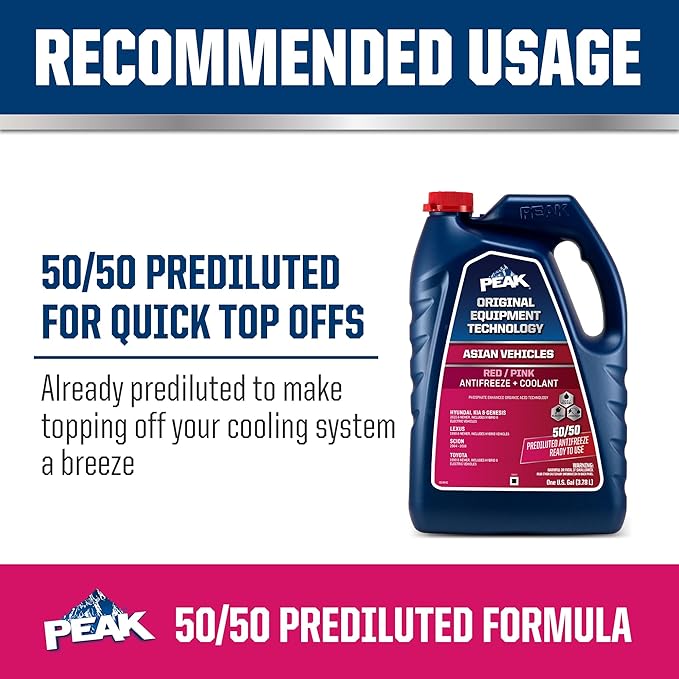 PEAK OET Extended Life Red/Pink 50/50 Prediluted Antifreeze/Coolant for Asian Vehicles, 1 Gal.
