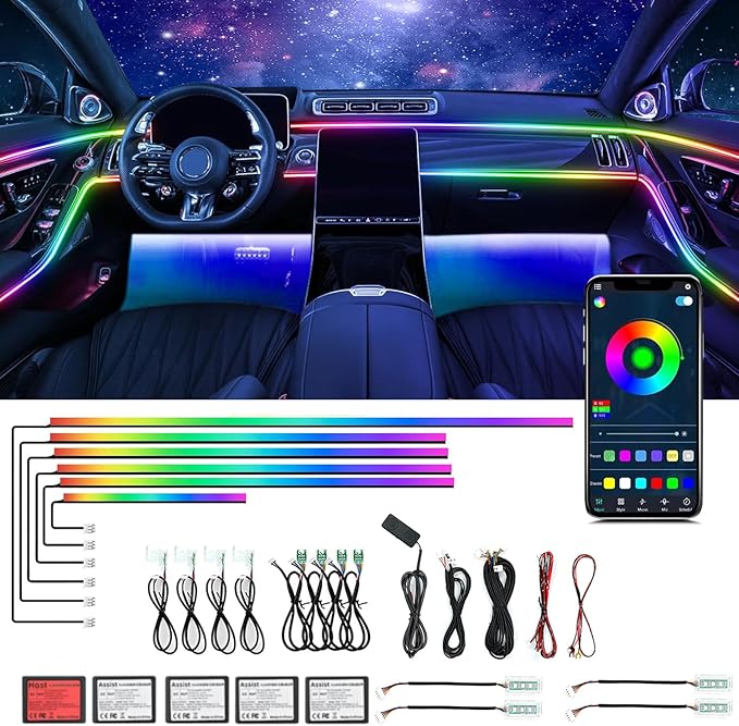 Dream Color Acrylic Interior Car Ambient Light Kit, Bphuny 18 in 1 593 LEDs Fiber Optic Multiple Modes Decoration Atmosphere Lights with Music Dynamic Rainbow Rhythm, RGB Neon Lights for All Cars