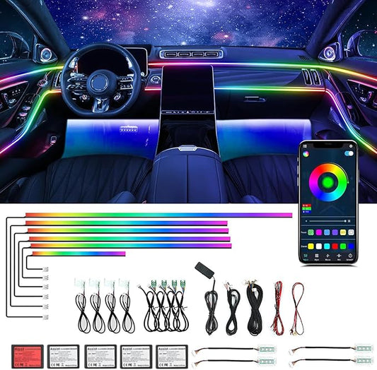 Dream Color Acrylic Interior Car Ambient Light Kit, Bphuny 18 in 1 593 LEDs Fiber Optic Multiple Modes Decoration Atmosphere Lights with Music Dynamic Rainbow Rhythm, RGB Neon Lights for All Cars