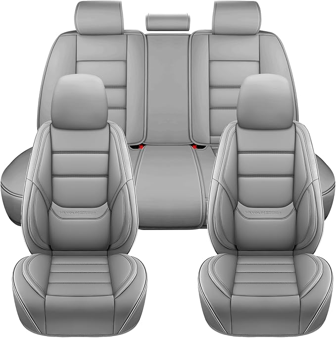 NS YOLO Leather Car Seat Covers Full Set,Universal Fit for Most Cars,SUVs and Sedans,Waterproof Luxury Leatherette Cushions, 5 Car Seat Protectors (Grey, Full Set-5 Seats(Front and Rear))