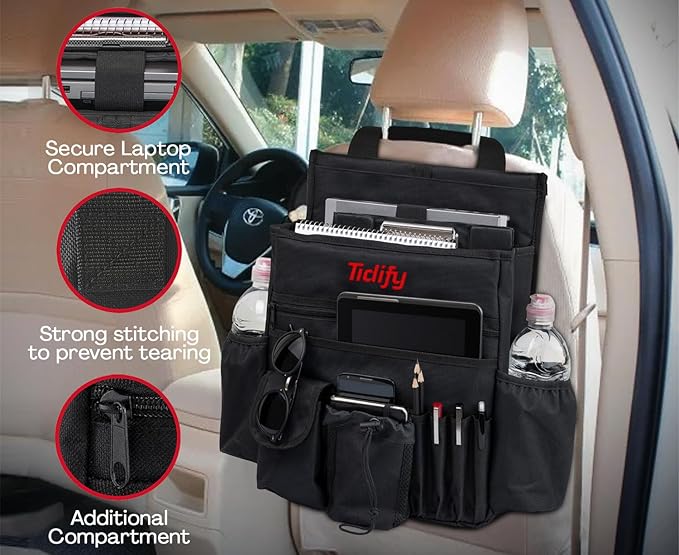 Tidify Back Seat Car Organizer with Dedicated Tablet and Laptop Storage Stabilizing Side Straps Soft Adjustable Shoulder Strap and Hardened Buckles Your Office Away from Office