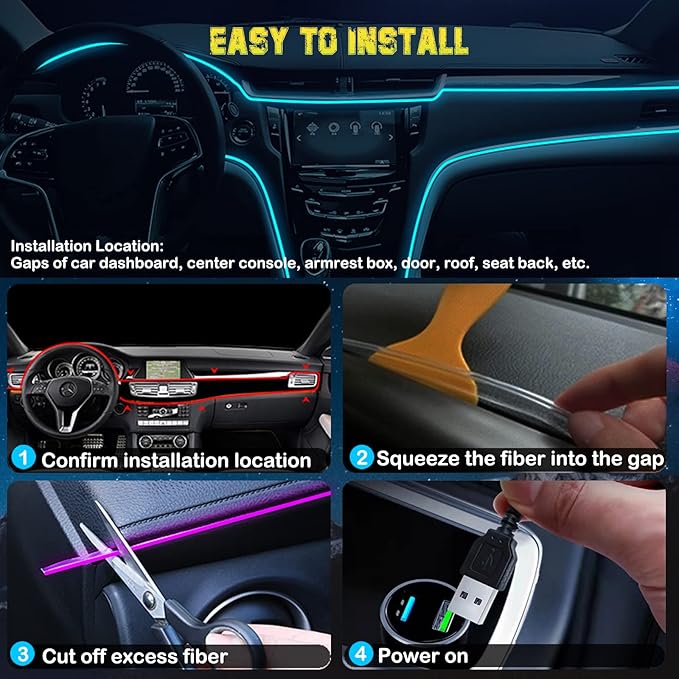 Interior Car LED Strip Lights, RGB USB Car Ambient Lighting with Fiber Optic, EL Wire Car Accessories (5 in 1)