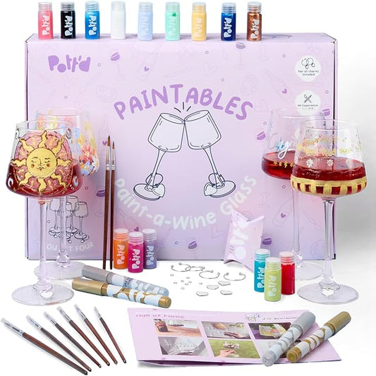 Pott’d Paintables Paint-a-Wine Glass Kit – DIY Glass Painting Kit for Adults with Wine Glasses, Enamel Paints, Brushes, Pens and Charms, Craft Kit for Adults, Perfect for Beginners