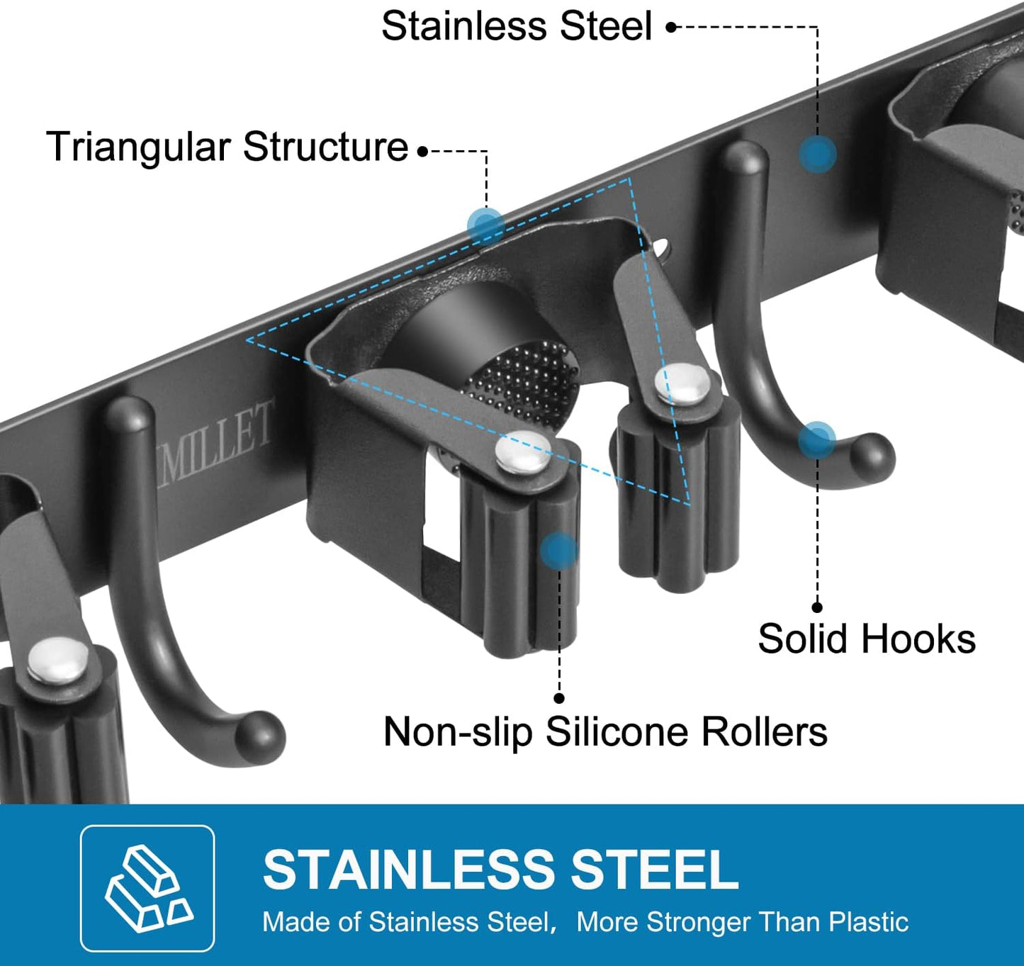 IMILLET 2 Pack Broom and Mop Holder Wall Mounted, Broom Holder Stainless Steel Broom Organizer Heavy Duty Tools Organizer Self Adhesive for Laundry Room Garage Garden（4 Racks and 5 Hooks）